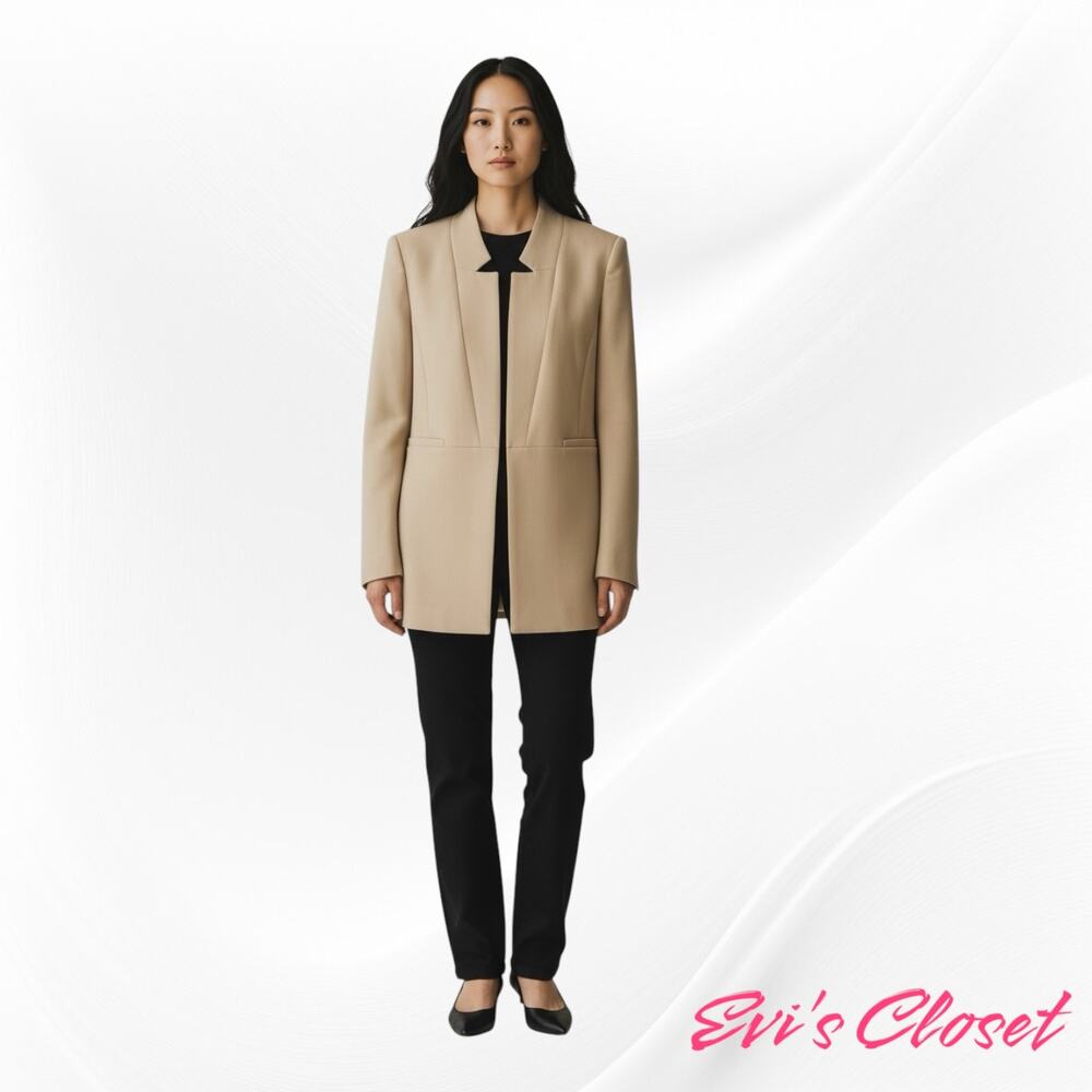 Zara Women’s Beige Tan Inverted Lapel Long Blazer Frock Coat Classic Sz M